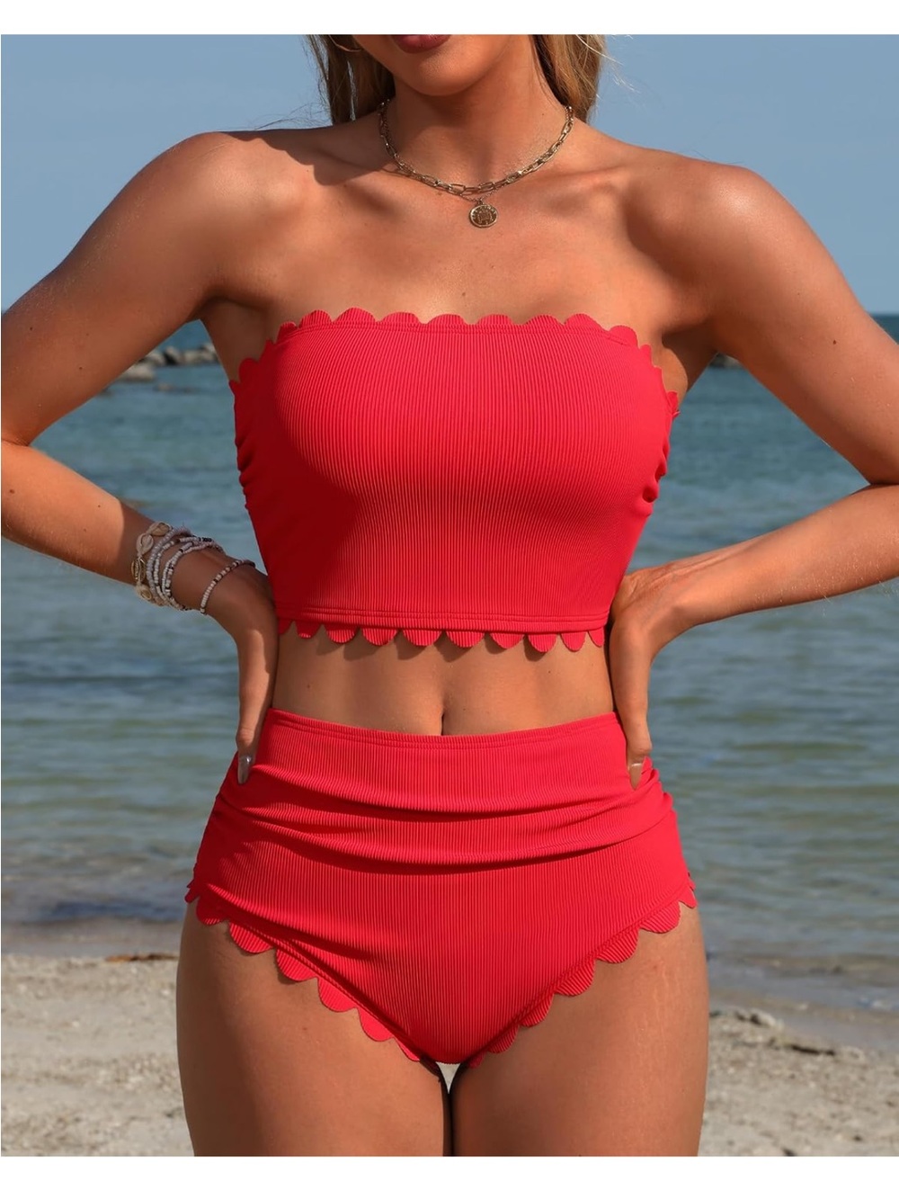 Charmo Red Scalloped Bandeau High-Waist Bikini Set nwt